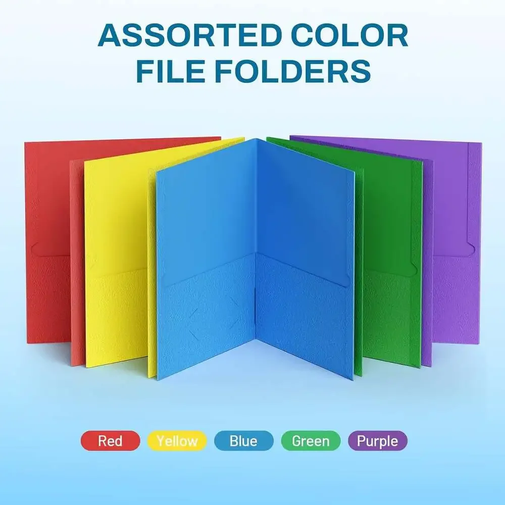 Two Pocket File Folders Pack Assorted Colors Business Card Slot Letter Size